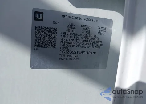 2022 Chevrolet Malibu Fwd Rs из США, поврежденный, VIN 1G1ZG5ST9NF116978